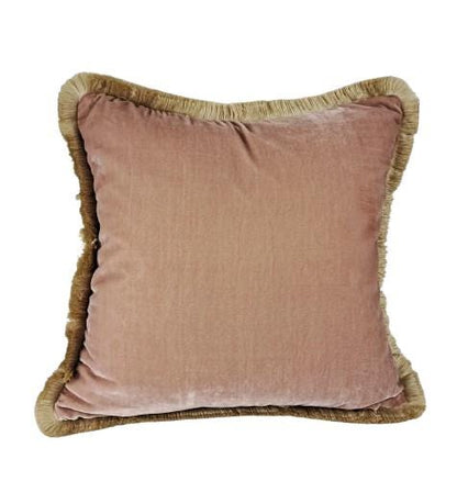 Velvet Pillow, Silk Velvet Cushion, Dusty Rose with Beige Fringe Trim