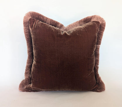 Velvet Pillow Cover, Silk Velvet Cushion, Chocolate Brown with Dusty Pink Fringe Trim