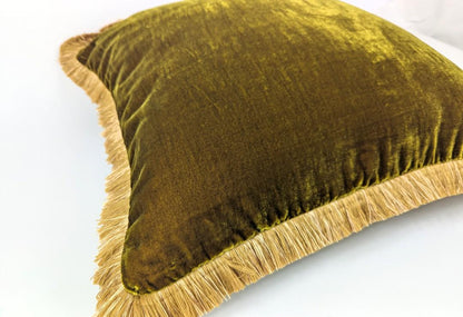 Velvet Pillow Cover, Silk Velvet Cushion, Chartreuse Green with Gold Fringe Trim
