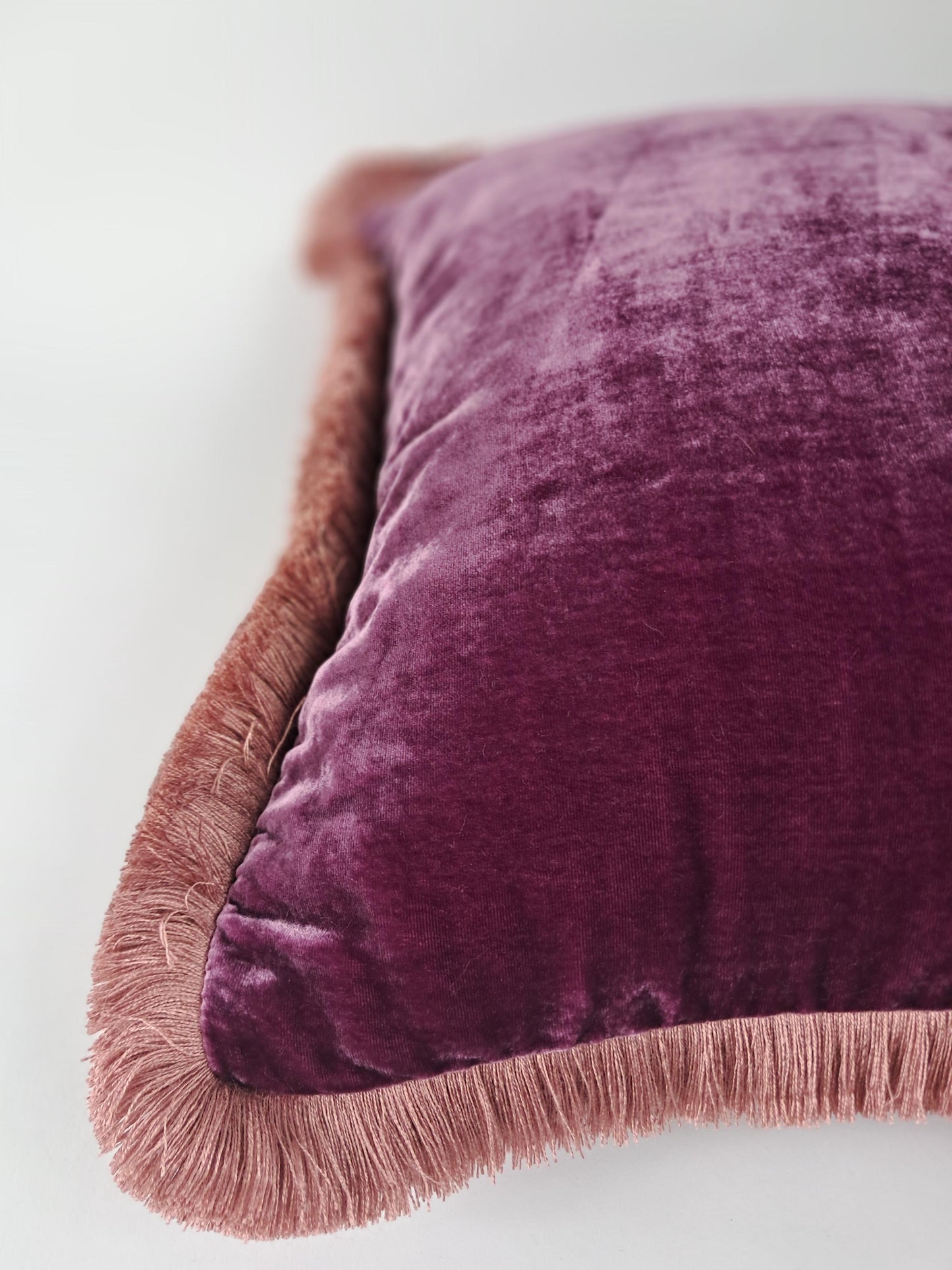 Purple Silk Velvet Pillow Covers - Purple with Dusty Pink Fringe Cushion