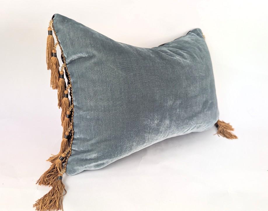 Velvet Pillow Cover, Silk Velvet Cushion, Sea Blue with Brown Bead Tassels