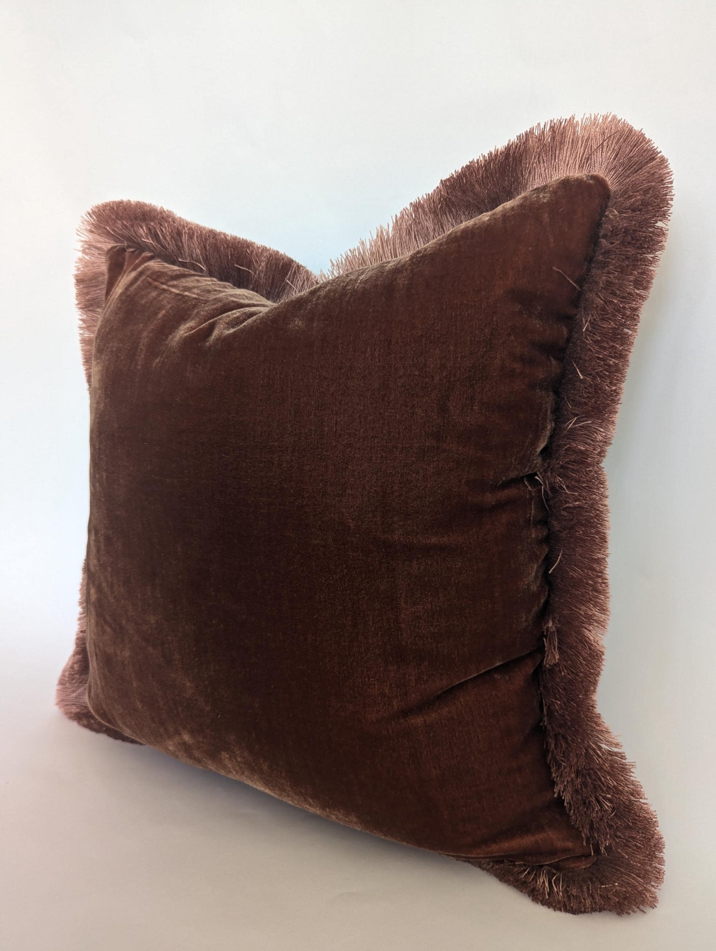 Velvet Pillow Cover, Silk Velvet Cushion, Chocolate Brown with Dusty Pink Fringe Trim