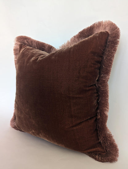 Velvet Pillow Cover, Silk Velvet Cushion, Chocolate Brown with Dusty Pink Fringe Trim