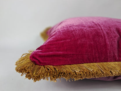 Velvet Throw Pillow, Silk Velvet Cushion, Cerise Pink with Gold Fringe Trim