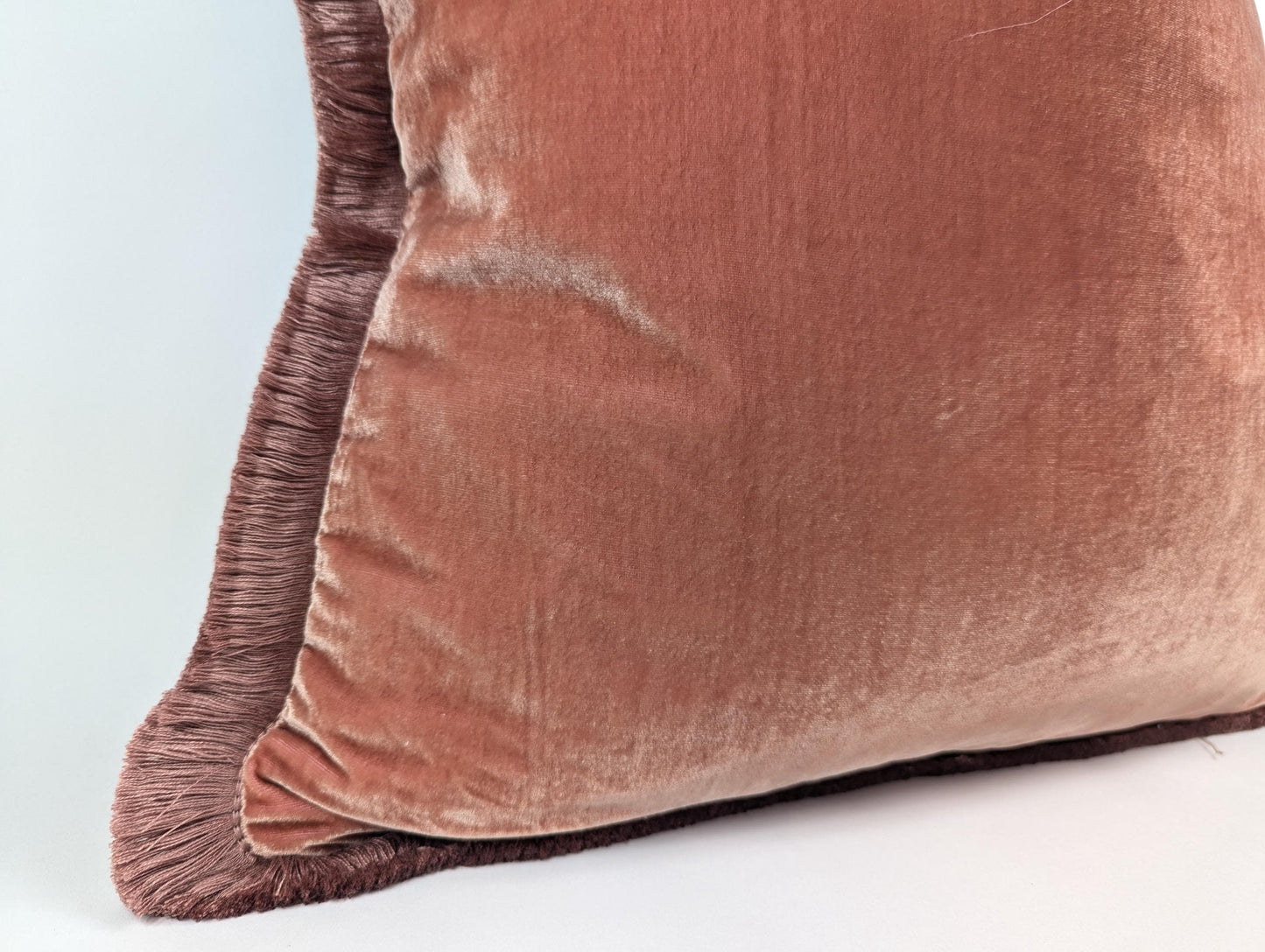 Velvet Throw Pillow Covers, Velvet Cushion, Coral with Fringe Trim
