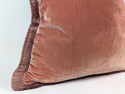 Velvet Throw Pillow Covers, Velvet Cushion, Coral with Fringe Trim