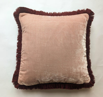 Velvet Pillow Cover, Silk Velvet Cushion, Dusty Rose with Burgundy Fringe Trim