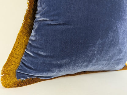 Blue Silk Velvet Pillow Covers - Blue and Gold Fringe Cushion - Royal Home Decor