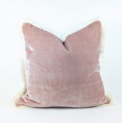 Dusty Rose Silk Velvet Pillow Cover, Fringe Cushion, Luxury Throw Pillow