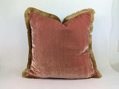 Velvet Pillow Cover, Silk Velvet Cushion, Coral with Light Beige Fringe Trim