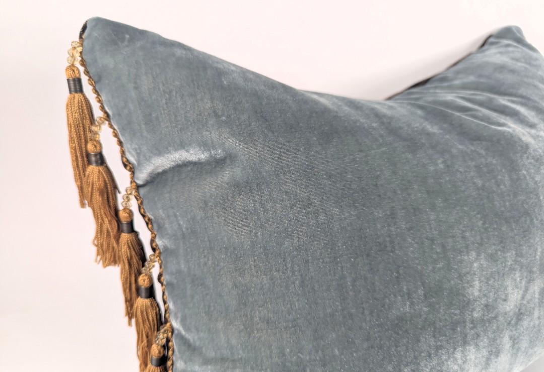 Velvet Pillow Cover, Silk Velvet Cushion, Sea Blue with Brown Bead Tassels