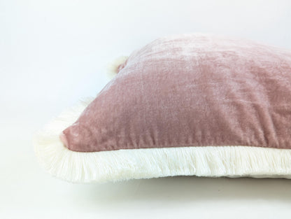 Dusty Rose Silk Velvet Pillow Cover, Fringe Cushion, Luxury Throw Pillow