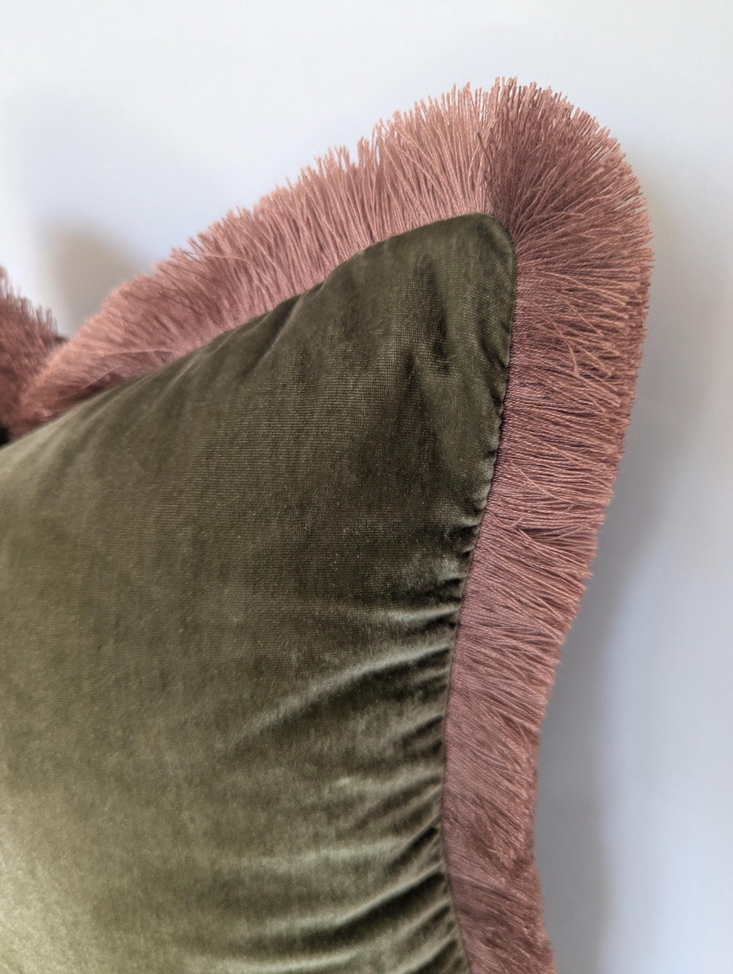 Velvet Pillow Cover, Silk Velvet Cushion, Sage Green with Dusty Pink Fringe Trim