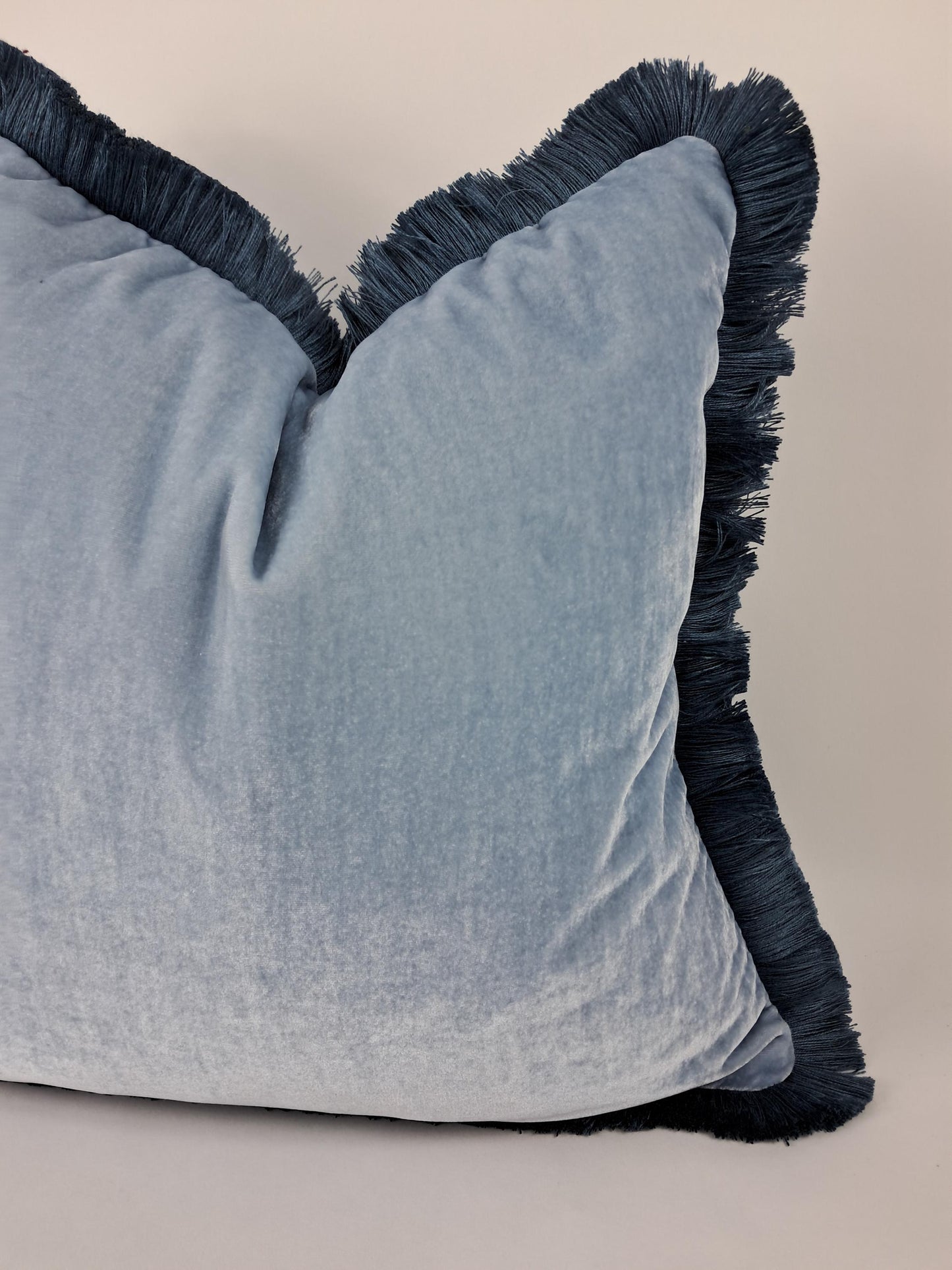 Blue Silk Velvet Pillow Cover, Dusty Blue Fringe Trim Cushion