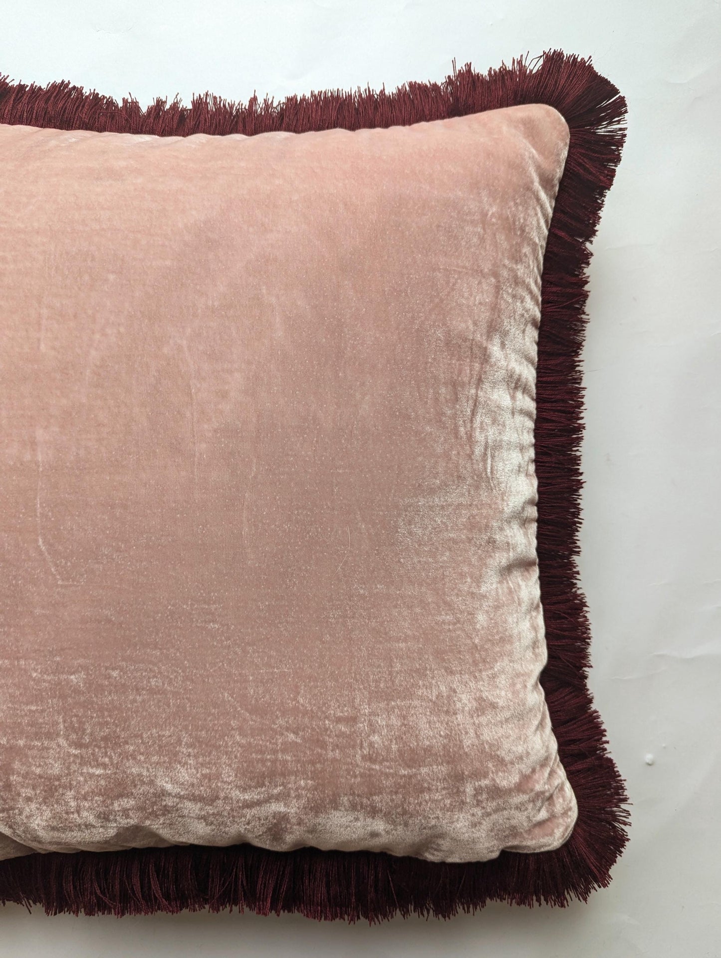 Velvet Pillow Cover, Silk Velvet Cushion, Dusty Rose with Burgundy Fringe Trim