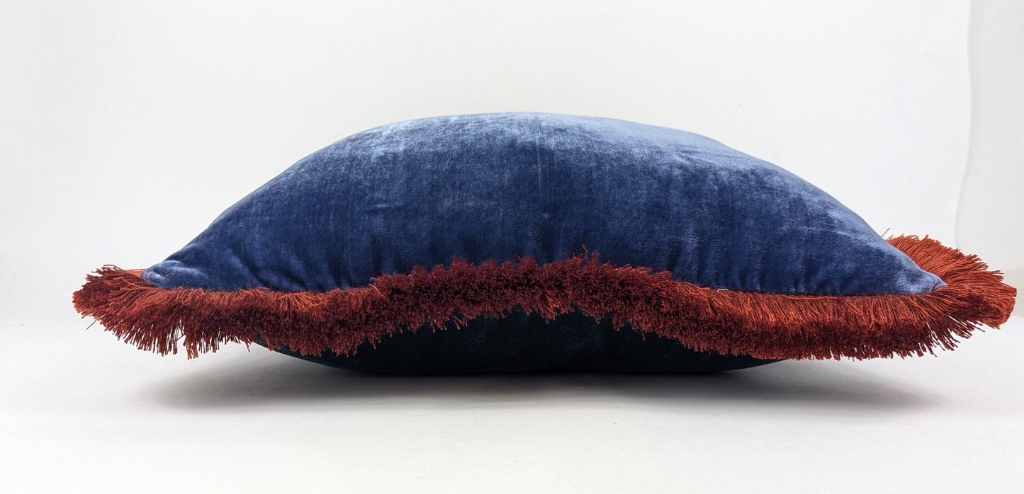 Velvet Throw Pillow, Silk Velvet Cushion, Blue with Rusty Orange Fringe Trim