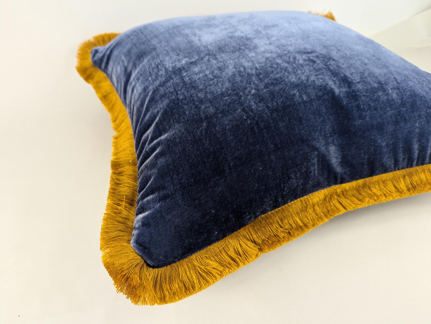 Blue Silk Velvet Pillow Covers - Blue and Gold Fringe Cushion - Royal Home Decor