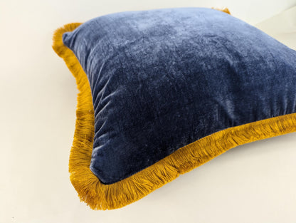 Blue Silk Velvet Pillow Covers - Blue and Gold Fringe Cushion - Royal Home Decor