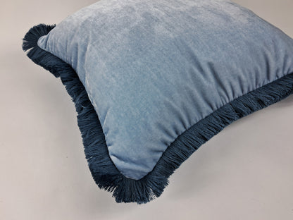 Silk Velvet Pillow Cover - Baby Blue Velvet Fringe Cushion
