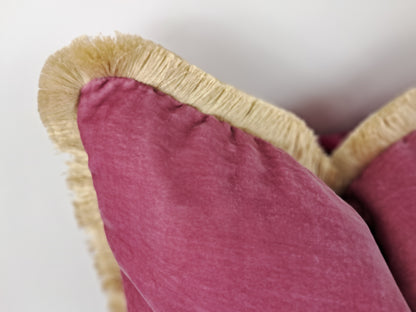 Pink Velvet Pillow - Pink Velvet Cushion With Fringe - Luxury Pillow