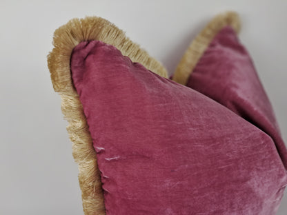 Pink Velvet Pillow - Pink Velvet Cushion With Fringe - Luxury Pillow