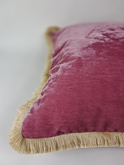 Pink Velvet Pillow - Pink Velvet Cushion With Fringe - Luxury Pillow