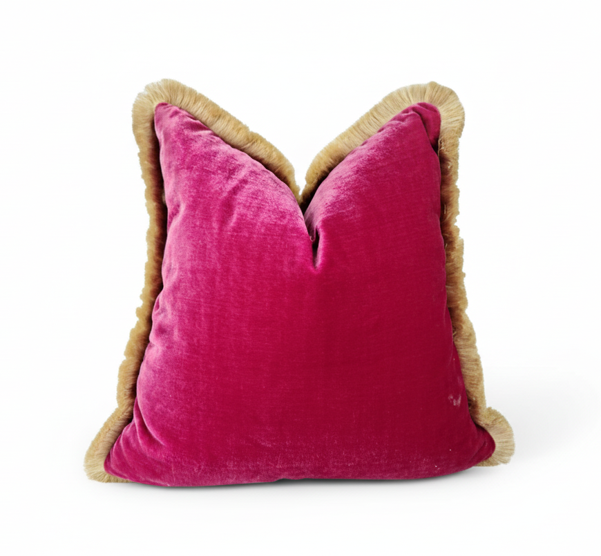 Pink Silk Velvet Throw Pillow - Cerise Pink Fringe Cushion