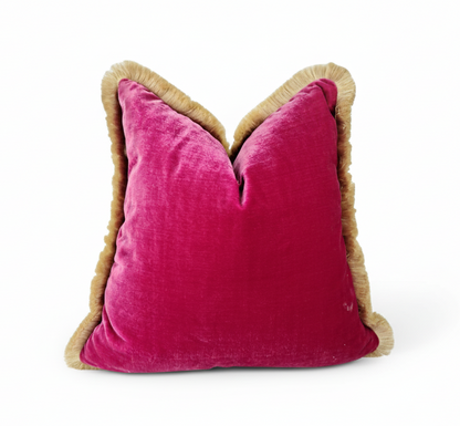 Pink Silk Velvet Throw Pillow - Cerise Pink Fringe Cushion