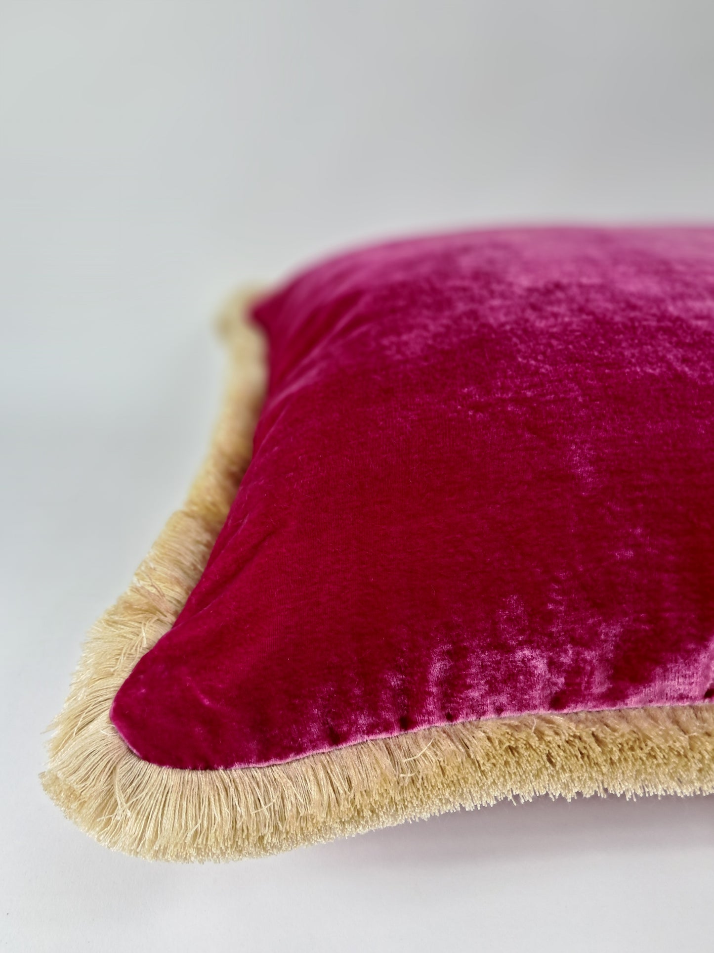 Pink Silk Velvet Throw Pillow - Cerise Pink Fringe Cushion