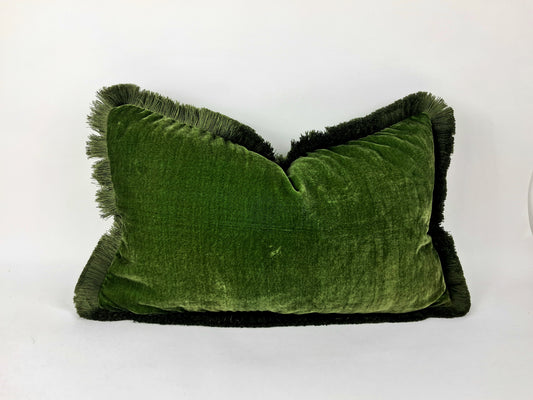 Moss Green Velvet Pillow - Silk Velvet Fringe Cushion