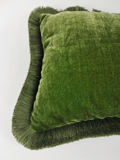 Moss Green Velvet Pillow - Silk Velvet Fringe Cushion