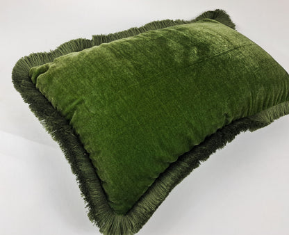 Moss Green Velvet Pillow - Silk Velvet Fringe Cushion