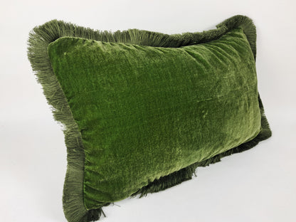 Moss Green Velvet Pillow - Silk Velvet Fringe Cushion