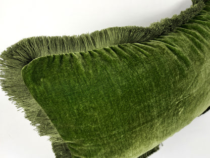 Moss Green Velvet Pillow - Silk Velvet Fringe Cushion