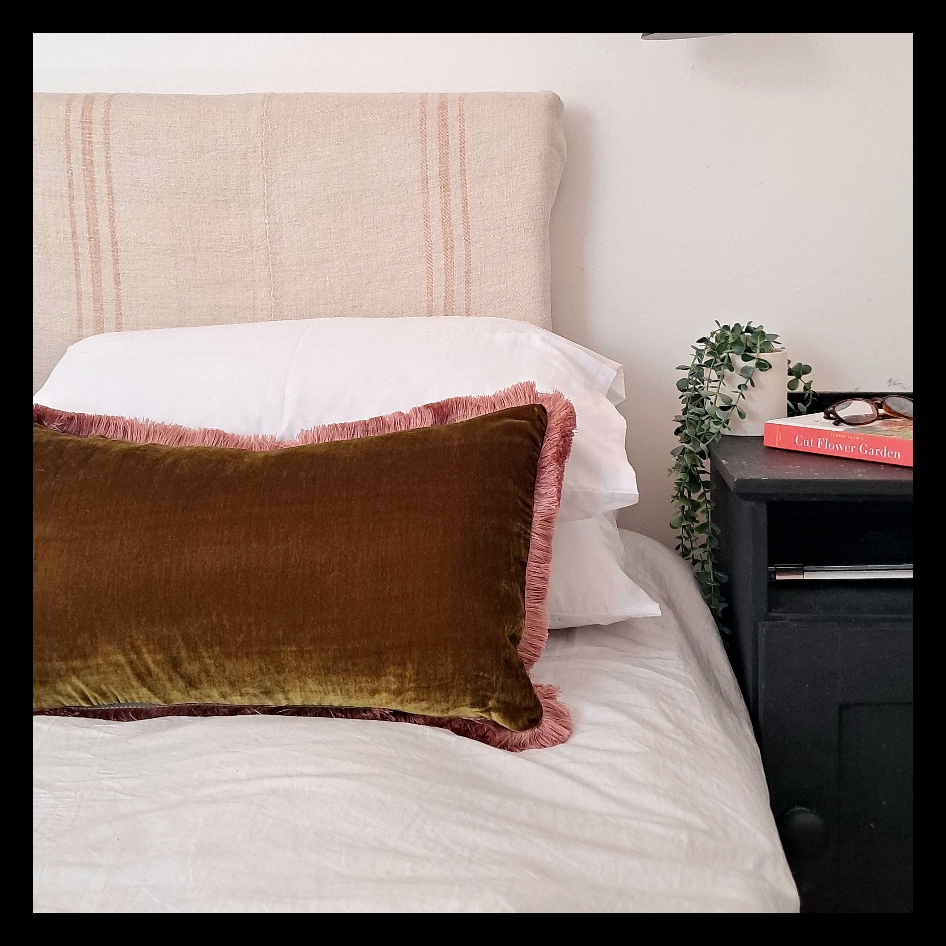 Bedroom with a bed featuring a brown velvet pillow and white bedding, nightstand with books and plant, and wall sconce.