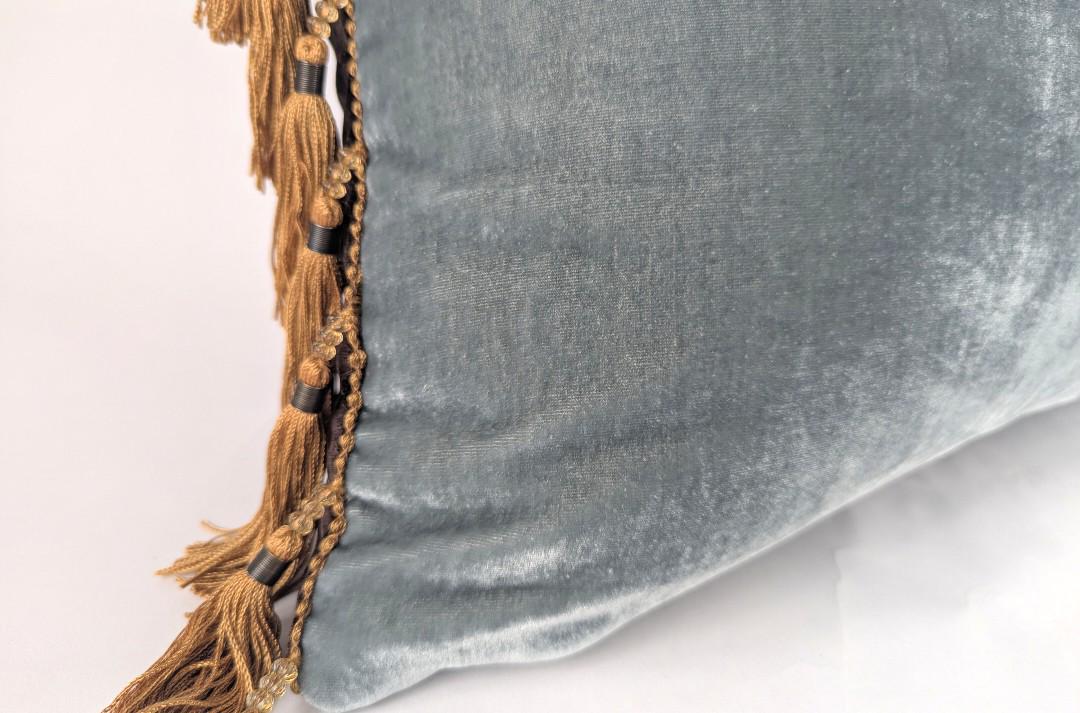 Sea Blue Silk Velvet Pillow Covers - Blue and Brown Tassel Cushion - Blue Velvet Pillow