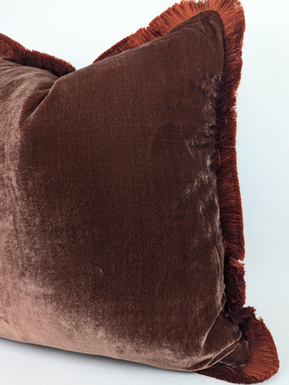 Velvet Pillow Cover, Silk Velvet Cushion, Brown with Orange Frim Trim