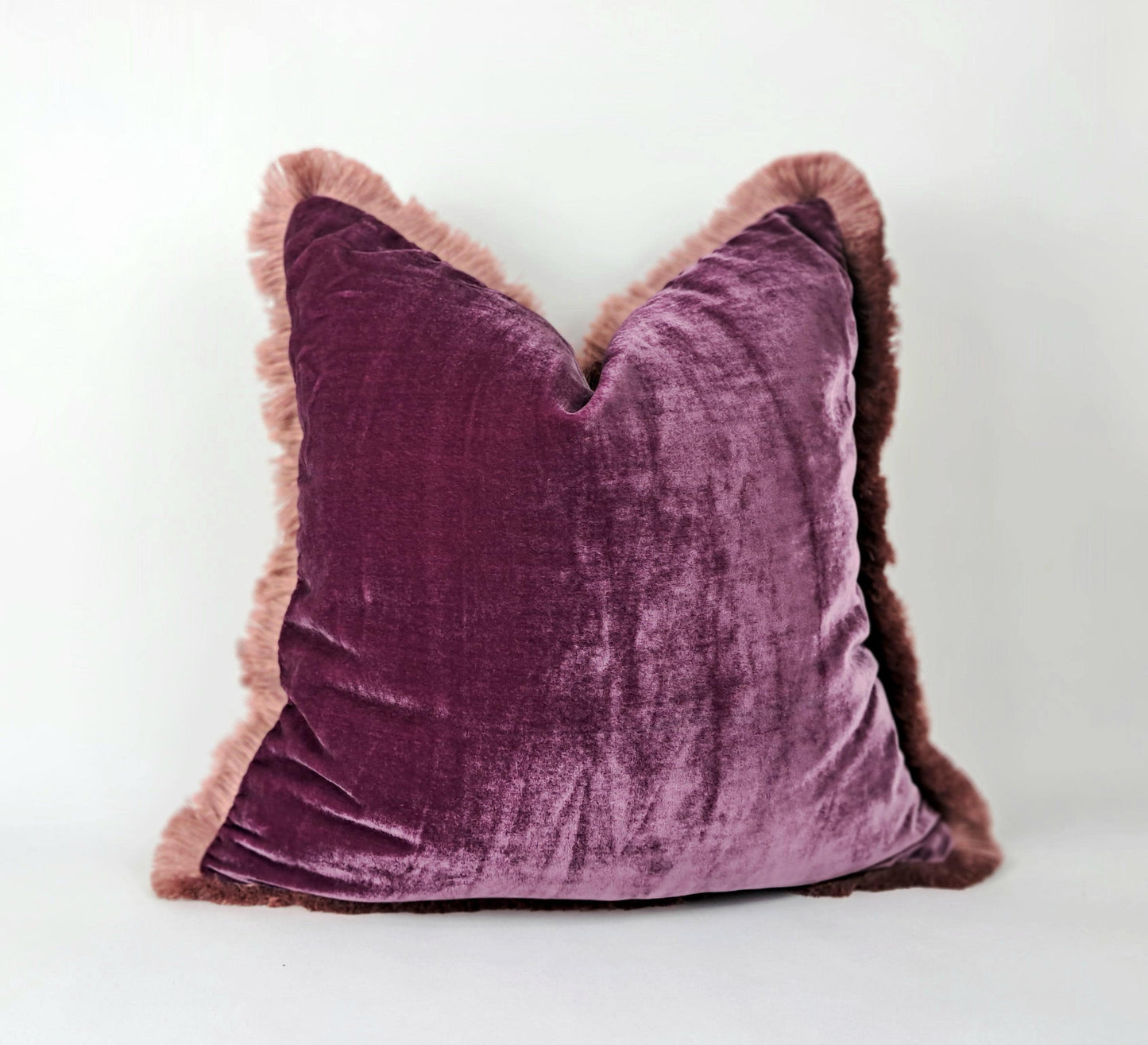 Purple Silk Velvet Pillow Covers - Purple with Dusty Pink Fringe Cushion