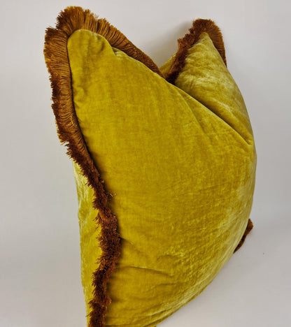 Spring Yellow Silk Velvet Throw Pillow Covers - Yellow and Orange Fringe Cushion - Custom Pillow