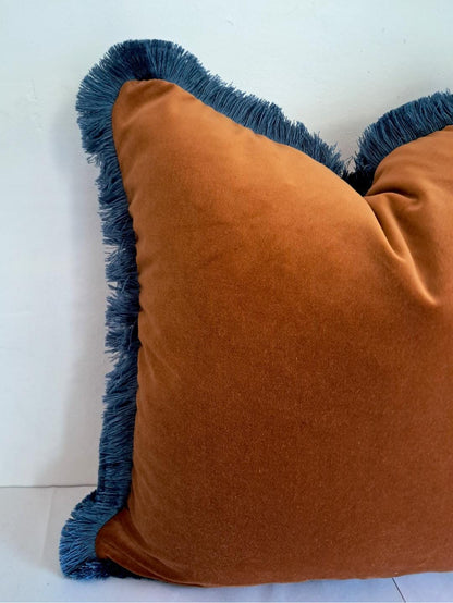 Velvet Throw Pillow Cover, Brown Cotton Velvet Cushion, Rust with Dusty Blue Fringe