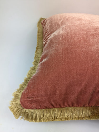 Velvet Pillow Cover, Silk Velvet Cushion, Coral with Light Beige Fringe Trim