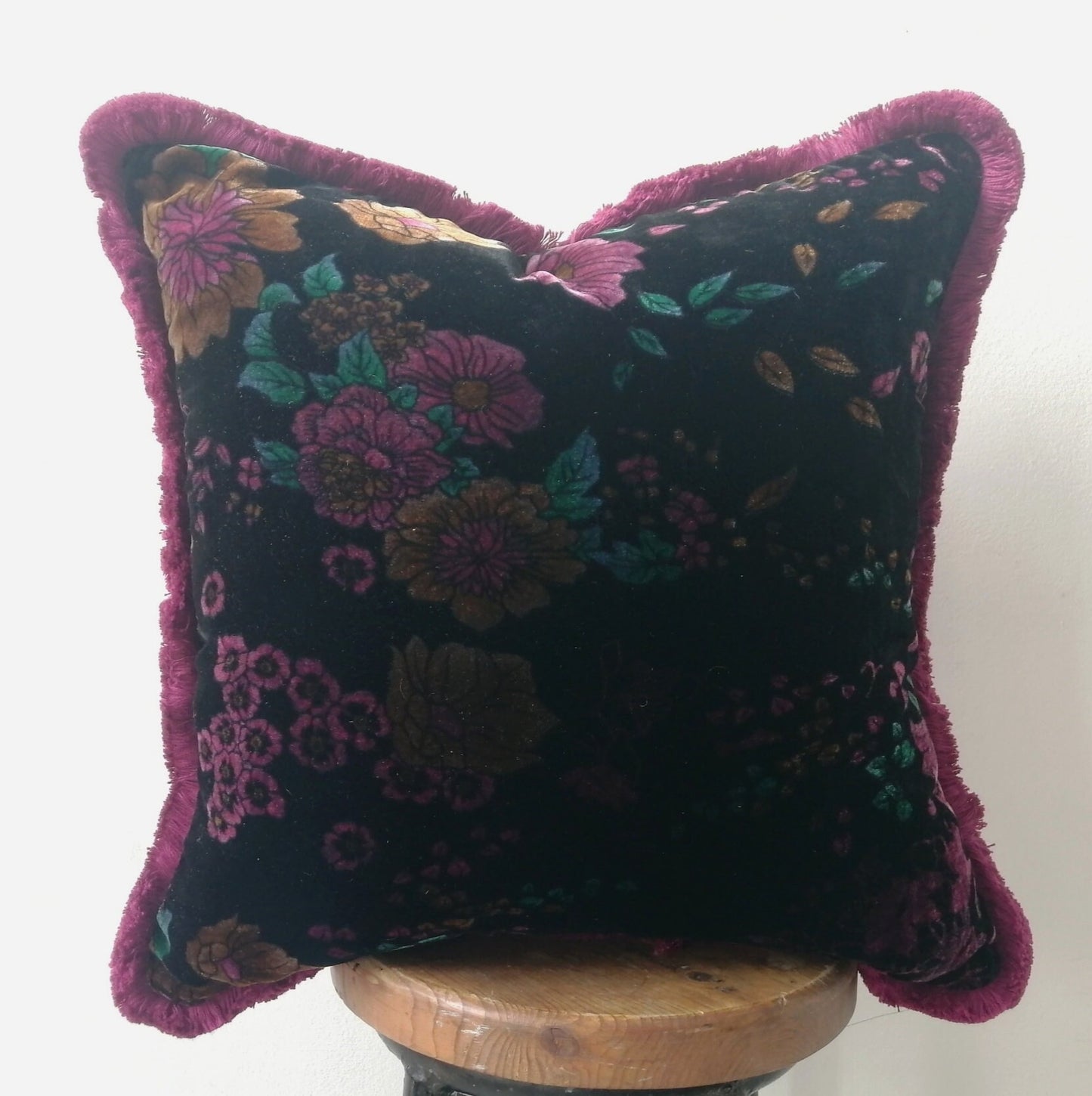 Velvet Throw Pillow, Silk Velvet Cushion, Black Floral with Fuschia Fringe Trim