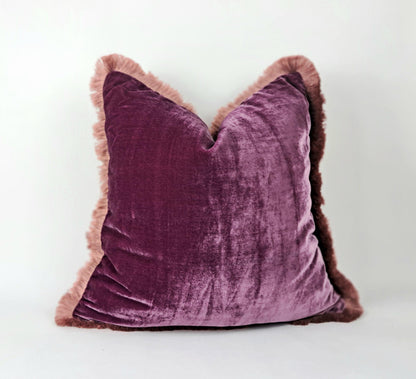 Velvet Pillows, Velvet Fringe Cushion, Dark Berry with Pink Fringe