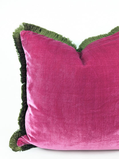 Velvet Throw Pillow, Silk Velvet Cushion, Cerise Pink with Moss Green Fringe Trim