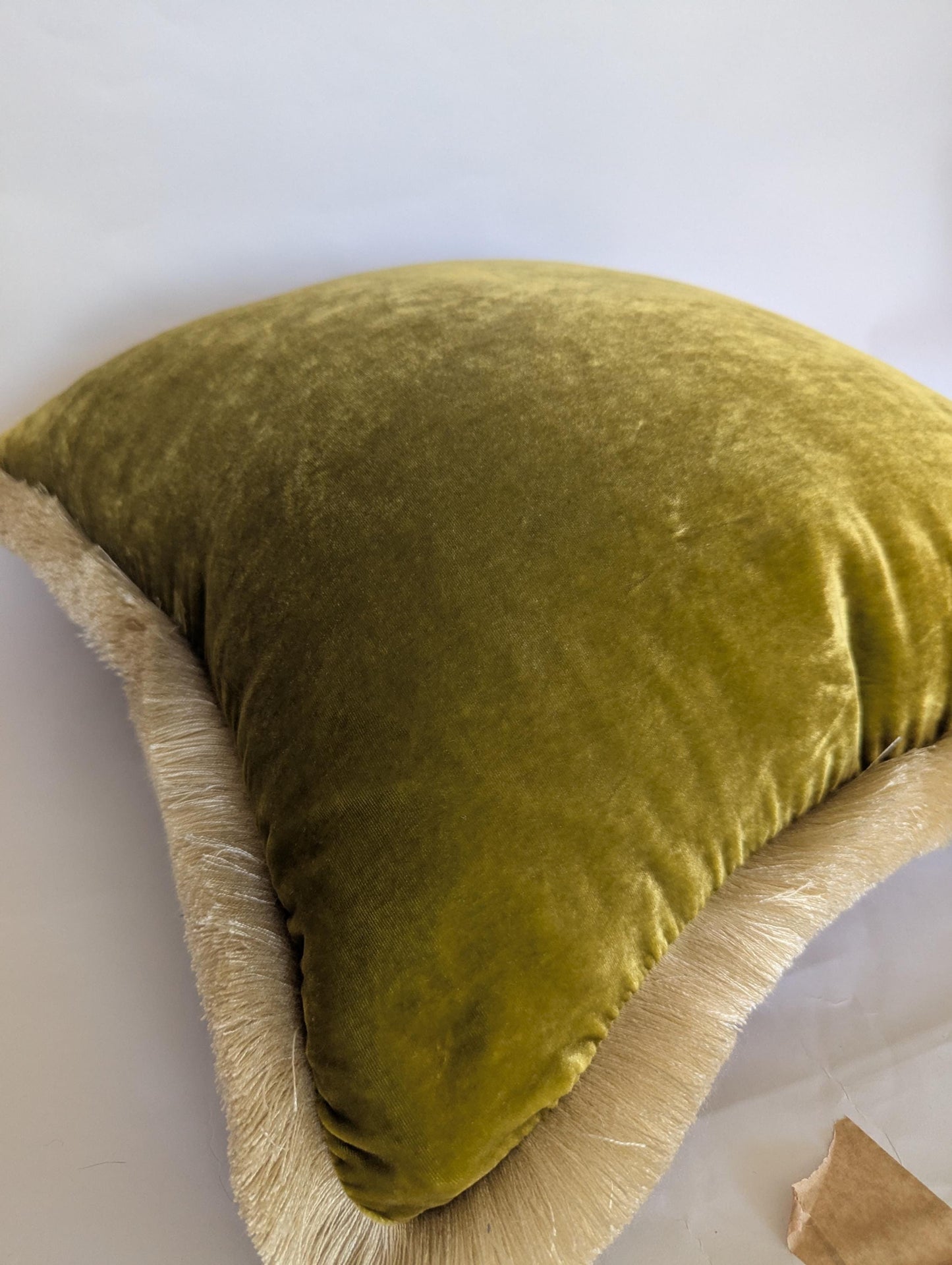 Velvet Pillow Cover, Silk Velvet Cushion, Citrine with Ivory Fringe Trim