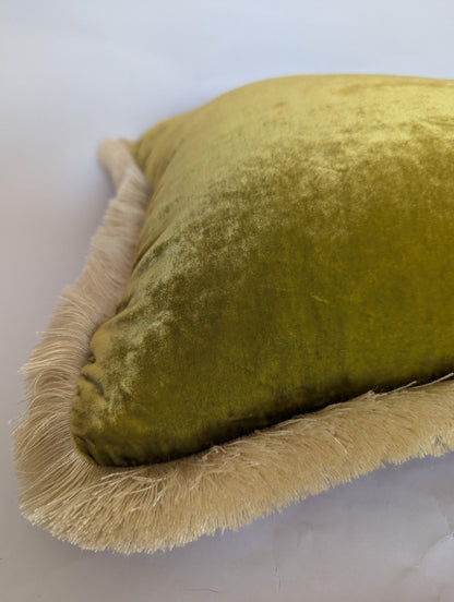 Velvet Pillow Cover, Silk Velvet Cushion, Citrine with Ivory Fringe Trim