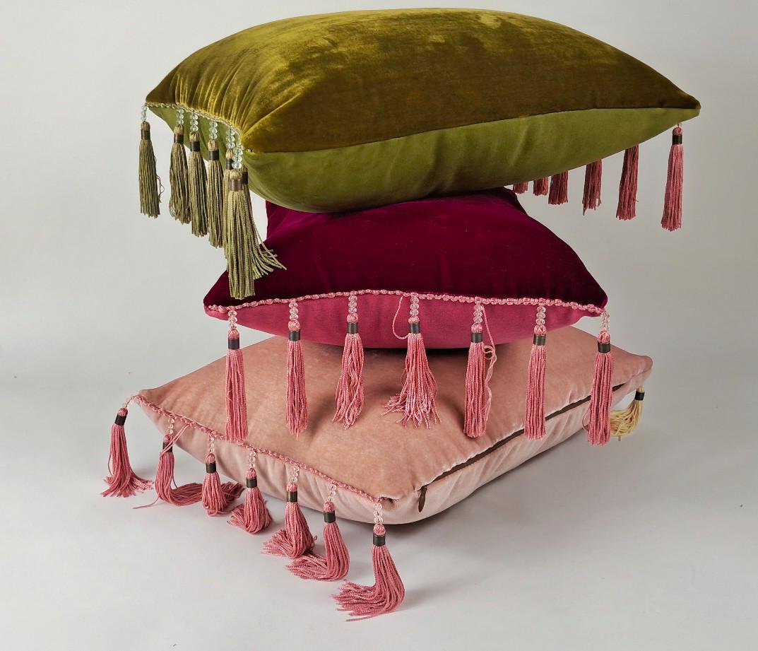 Chartreuse Silk Velvet Pillow Covers - Green and Gold Tassel Cushion - Maximalist Pillow