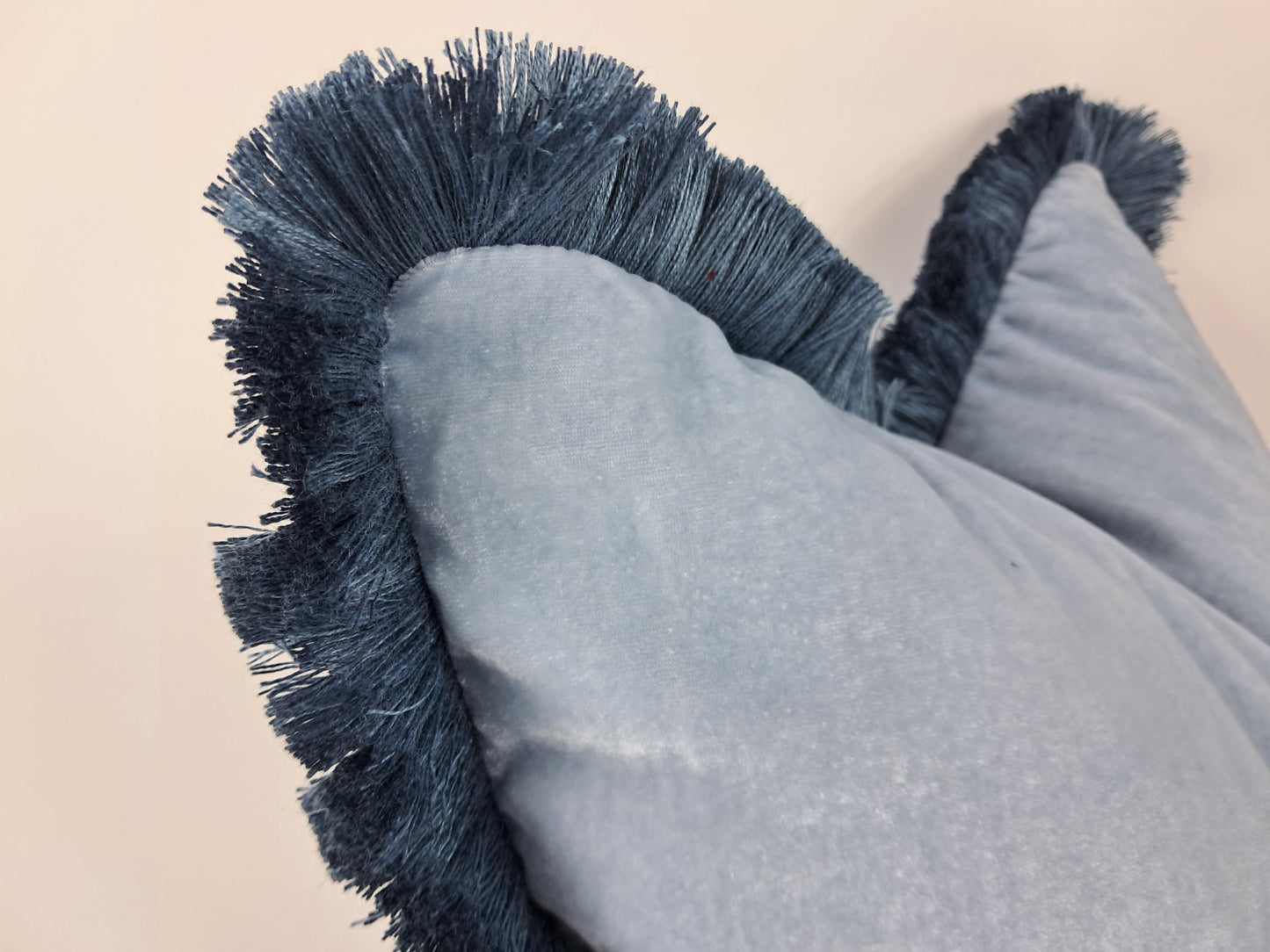 Blue Silk Velvet Pillow Cover, Dusty Blue Fringe Trim Cushion