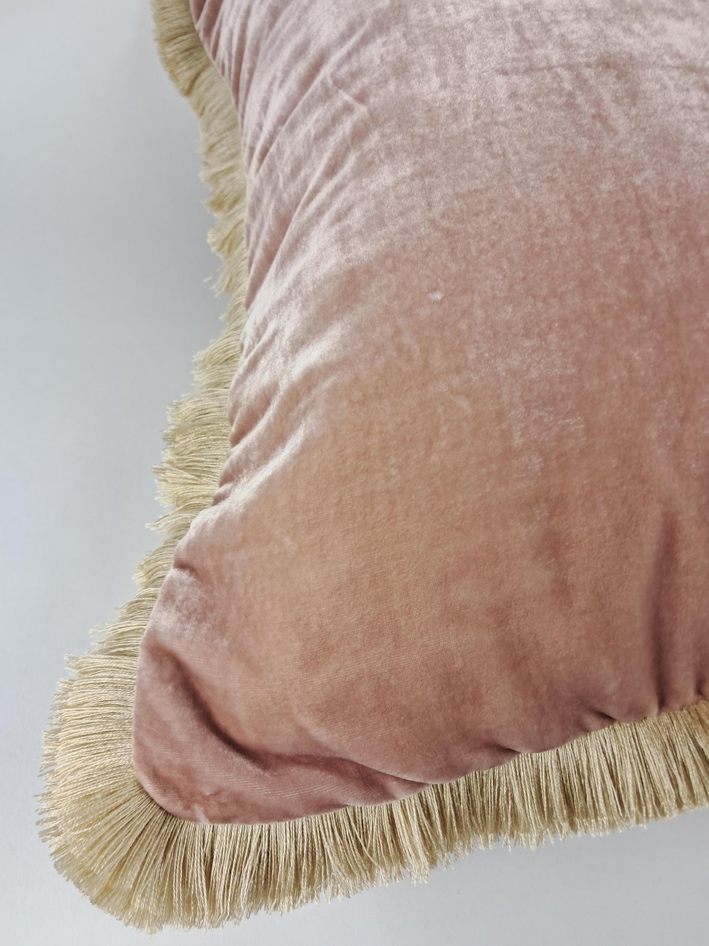 Velvet Pillow, Silk Velvet Cushion, Dusty Rose with Beige Fringe Trim