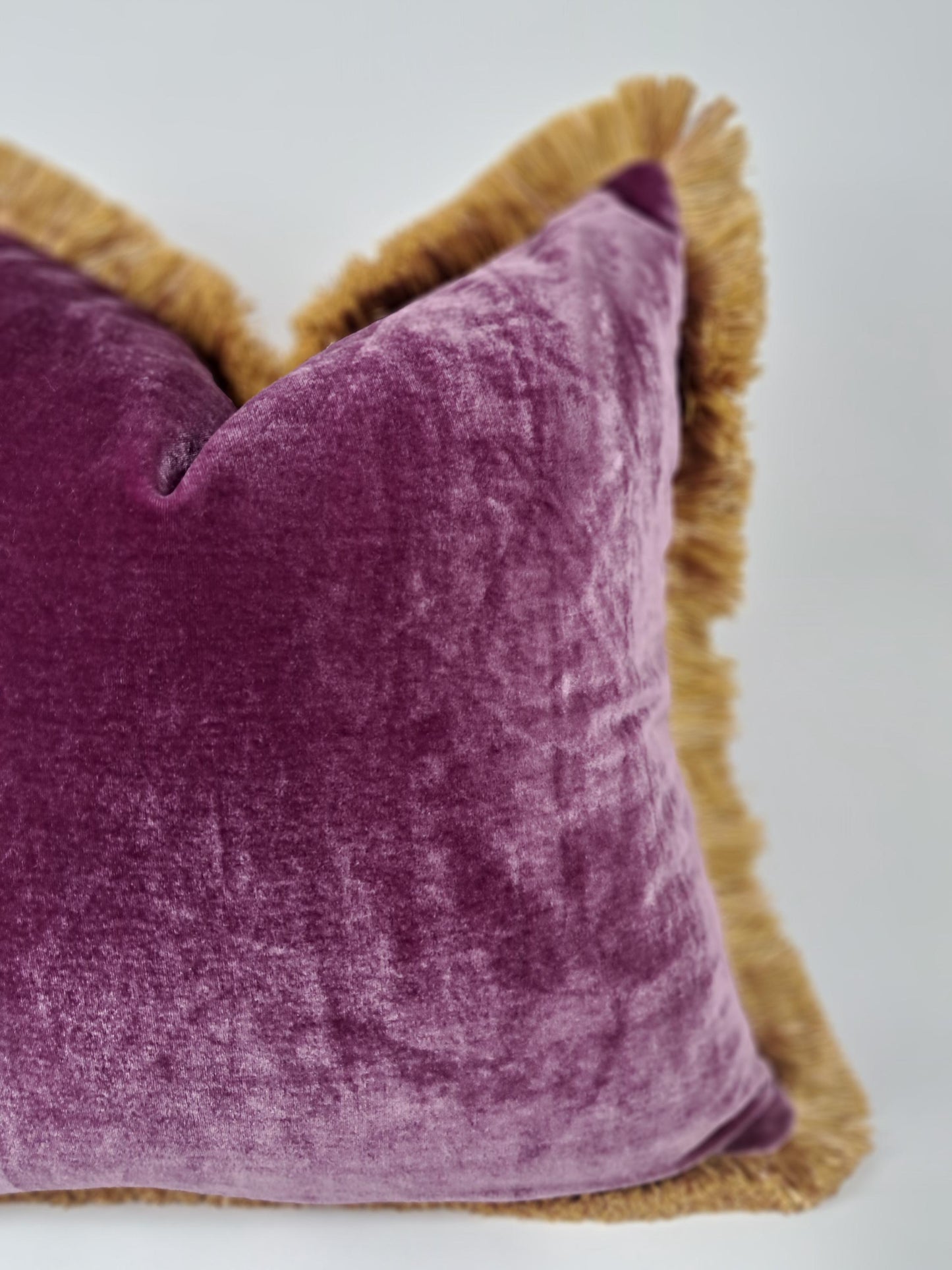 Velvet Pillow Cover, Silk Velvet Cushion, Plum Purple with Gold Fringe Trim